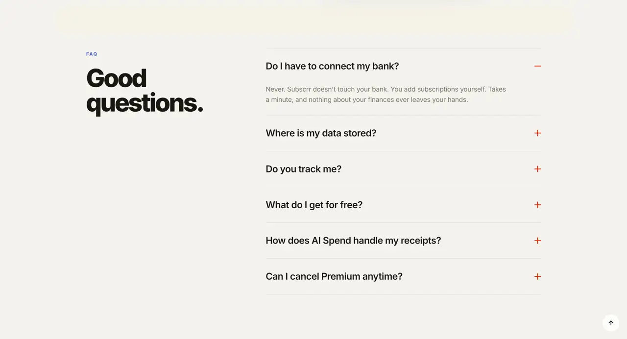 Секция «FAQ» с сайта https://subscrr.app/, тематика — SaaS, цвета — Белый, стиль — Минимализм, типографика — Без засечек