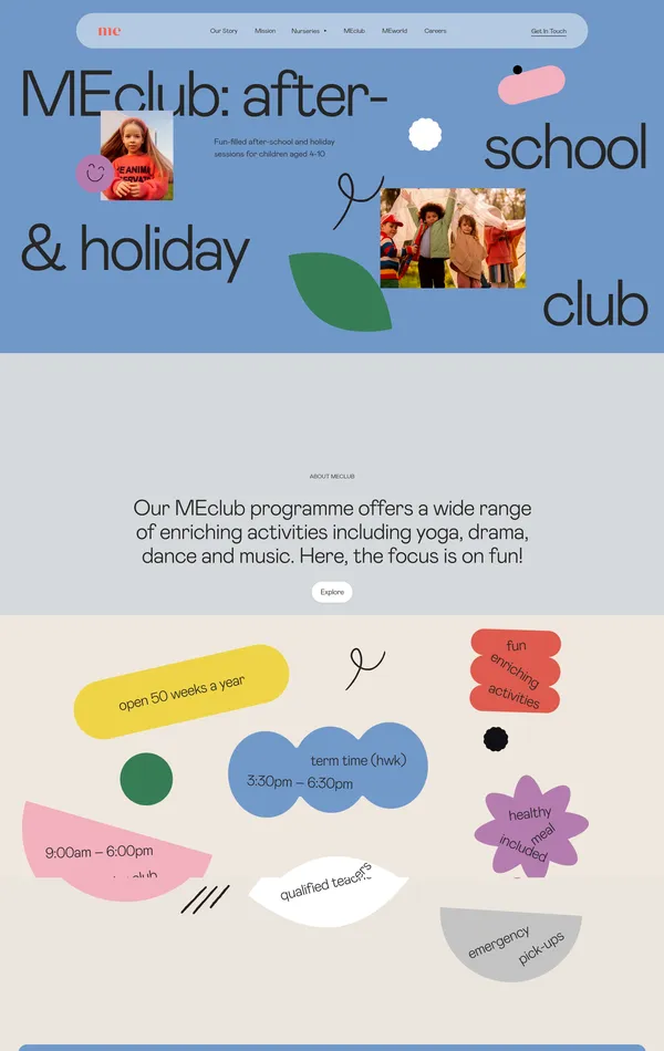 Страница о компании MEplace, тематика — Образование, цвета — Белый, Серый, стиль — Фестивальный, Типографика, типографика — Без засечек, Рукописные, Декоративные