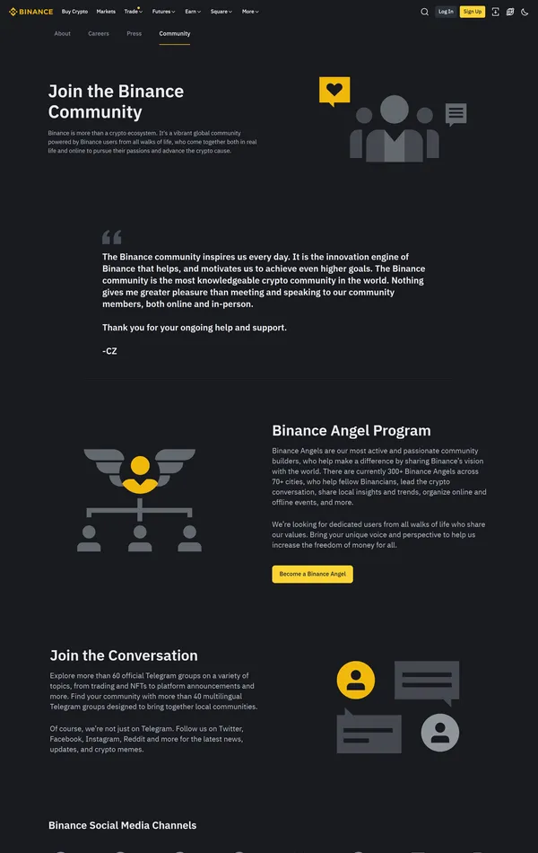 Страница о компании binance, тематика — Крипто  и блокчейн, цвета — Черный, стиль — Корпоративный, Минимализм, типографика — Без засечек