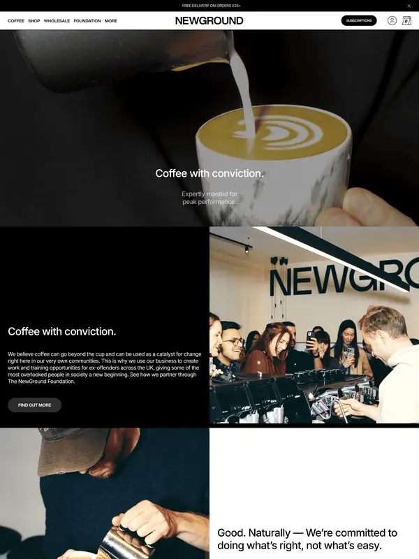 База знаний NewGround Coffee, тематика — Еда и напитки, цвета — Белый, Черный, Серый, стиль — Корпоративный, Минимализм, типографика — Без засечек