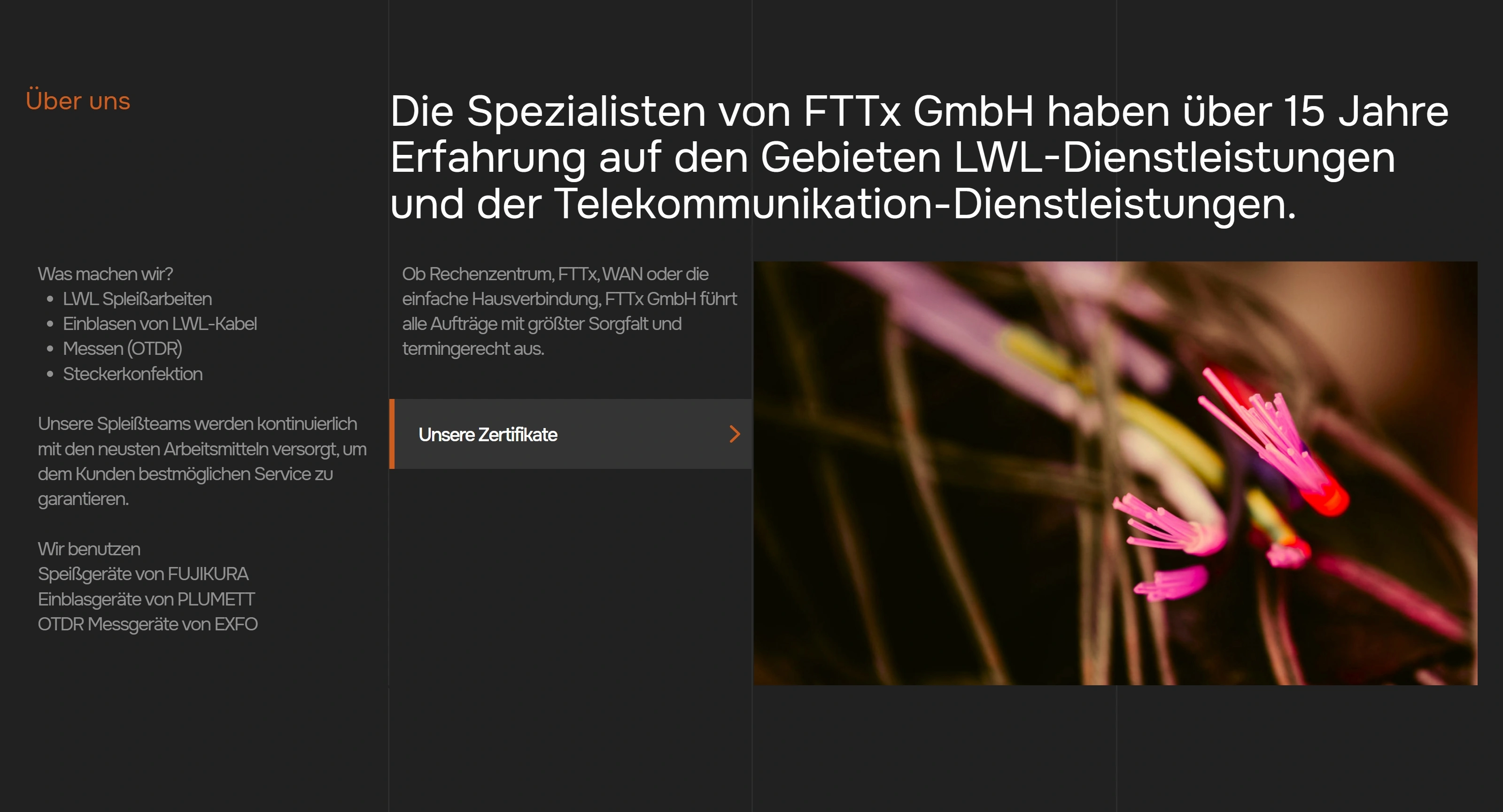 FTTx GmbH Секция «О компании» с сайта https://fttx-services.de/, тематика — Телекоммуникации, цвета — Черный, стиль — Корпоративный, Минимализм, типографика — Без засечек