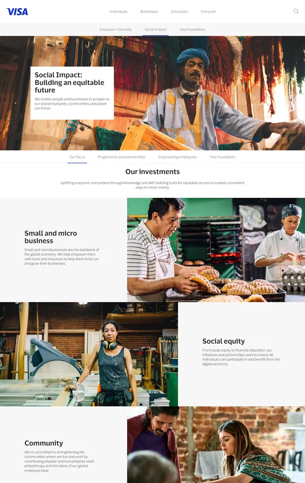 Страница о компании visa, тематика — Финансы, цвета — Белый, Серый, стиль — Корпоративный, типографика — Без засечек