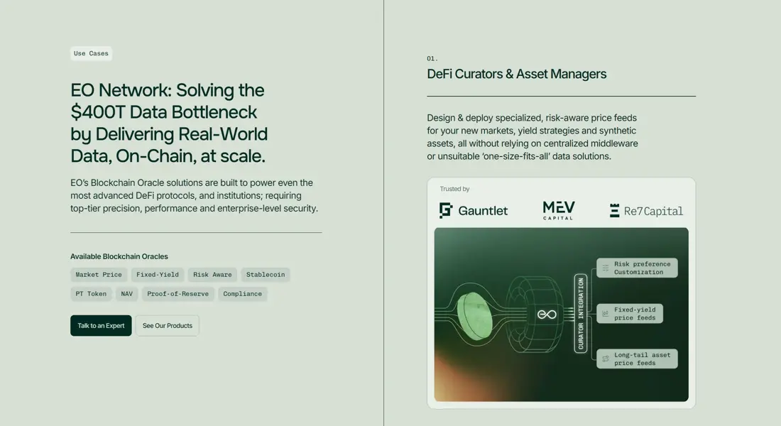 Секция «Кейсы» с сайта https://eo.app/#hero, тематика — Финансы, Крипто  и блокчейн, цвета — Белый, Серый, стиль — Классический, Корпоративный, типографика — Без засечек