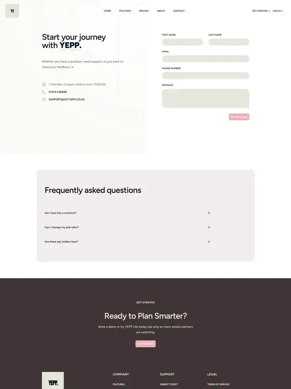 Контакты YEPP, тематика — SaaS, цвета — Белый, Черный, стиль — Корпоративный, Минимализм, типографика — Без засечек