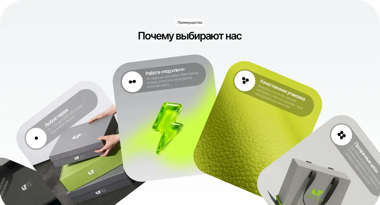 Секция «Преимущества» с сайта https://giftplaygame.ru/, тематика — Интернет-магазин, цвета — Белый, Серый, стиль — Корпоративный, Карточный, типографика — Без засечек