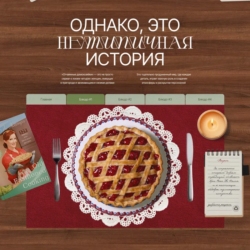 Секция «Контент» с сайта https://desperate-housewives.tilda.ws/, тематика — Развлечения, цвета — Серый, Коричневый, стиль — Ретро, типографика — Без засечек, Декоративные