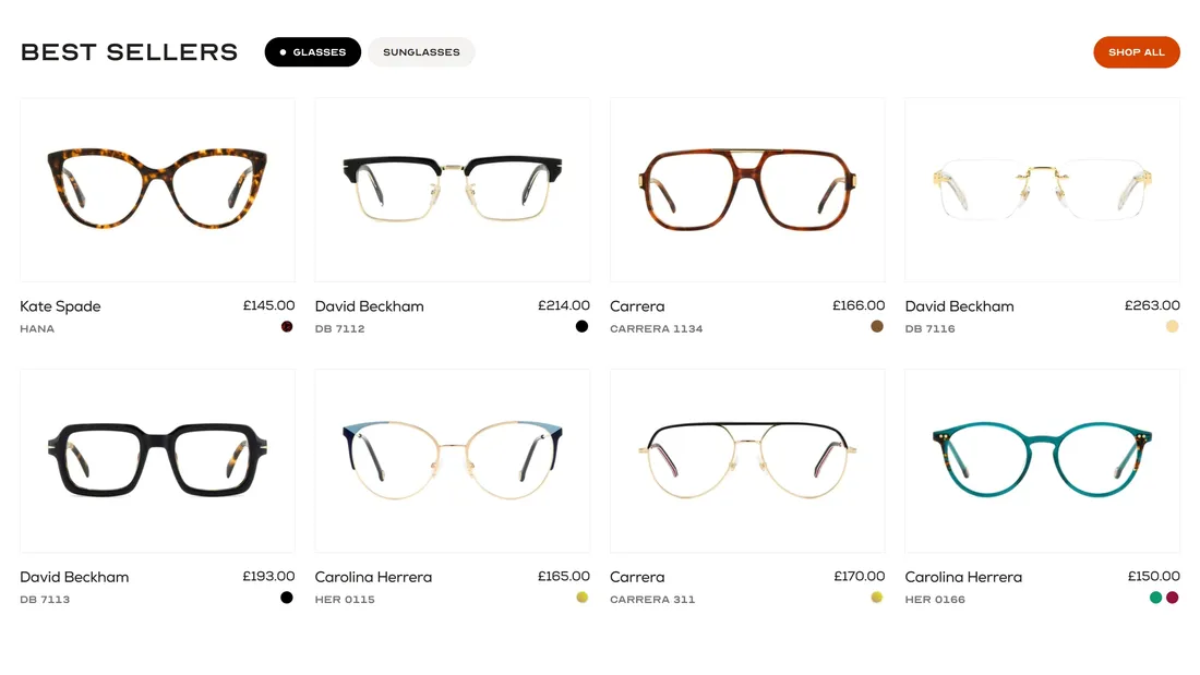 Секция «Товары» с сайта https://www.eye-emporium.com/, тематика — Интернет-магазин, цвета — Белый, стиль — Минимализм, типографика — Без засечек