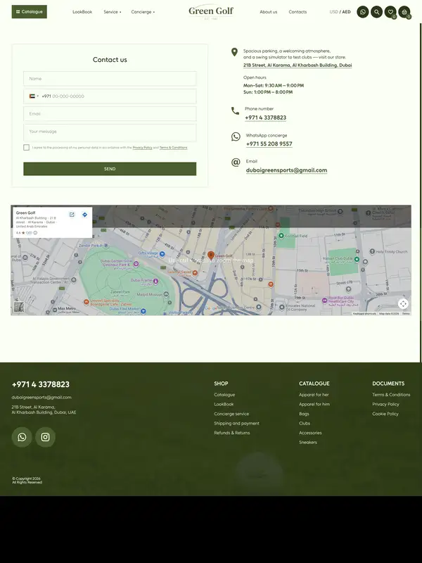 Контакты GreenGolf, тематика — Интернет-магазин, цвета — Белый, Черный, Серый, стиль — Корпоративный, Минимализм, типографика — Без засечек
