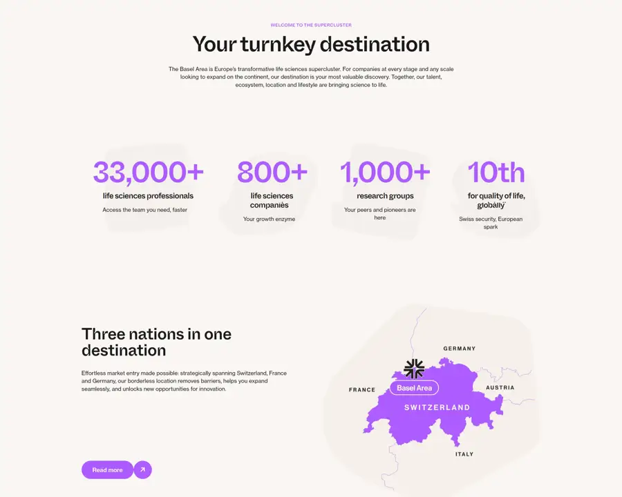 Секция «О компании» с сайта https://baselsupercluster.com/, тематика — Другое, цвета — Белый, стиль — Корпоративный, Минимализм, типографика — Без засечек