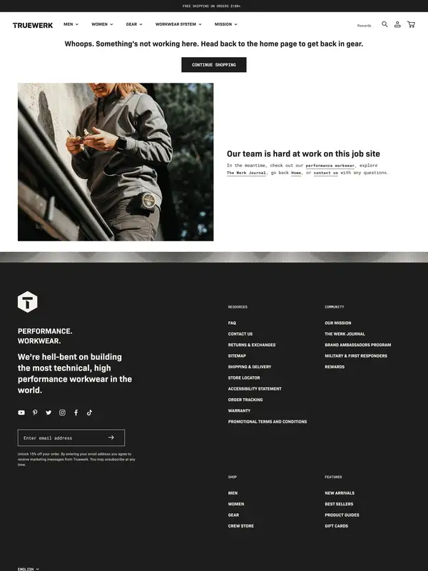 404-страница TRUEWERK, тематика — Одежда, цвета — Белый, Черный, Серый, стиль — Корпоративный, Минимализм, типографика — Без засечек