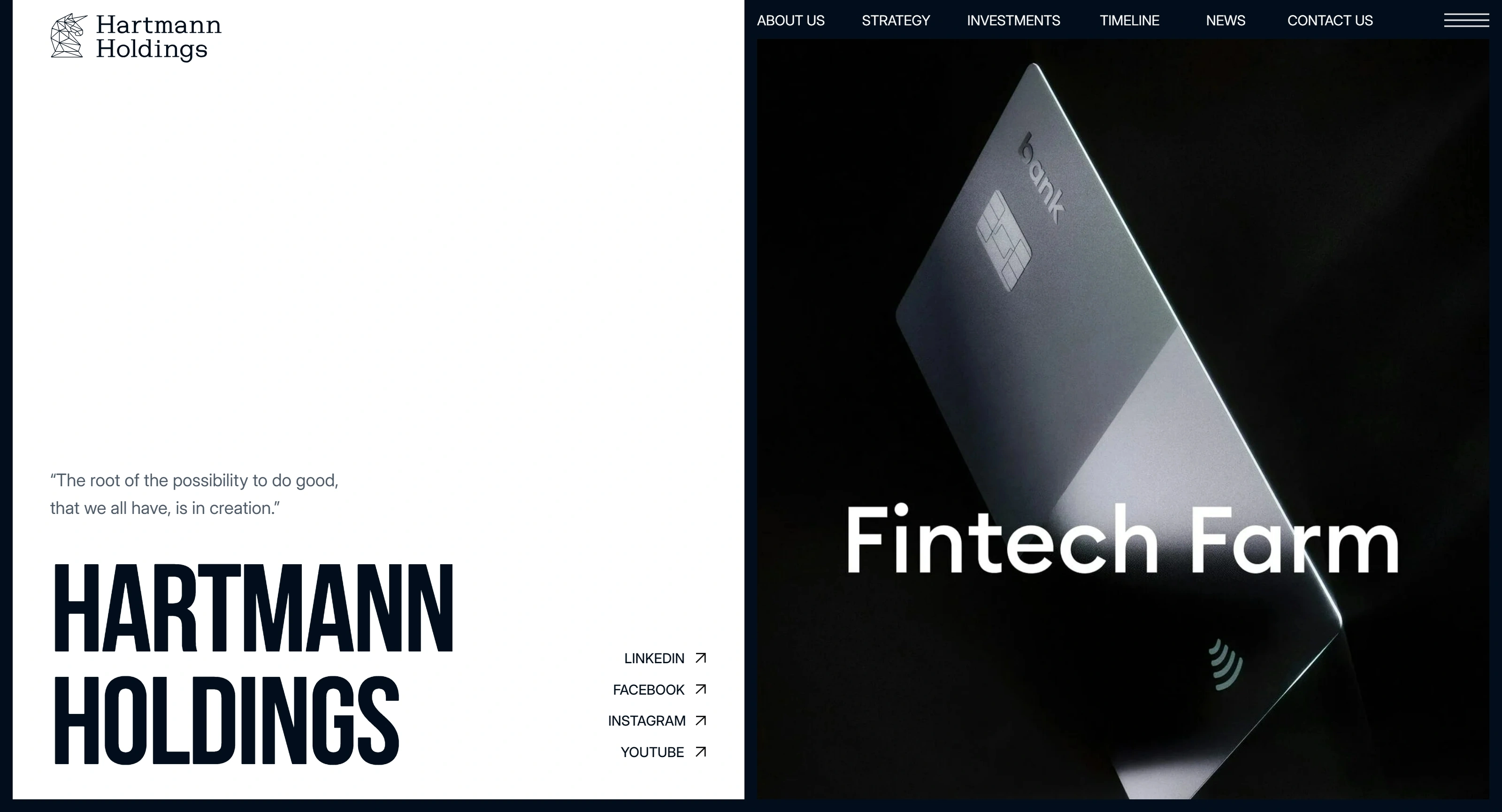 Hartmann Holdings Секция «Первый экран» с сайта https://hartmann.holdings/, тематика — Другое, цвета — Черный, Серый, стиль — Корпоративный, Минимализм, типографика — Без засечек