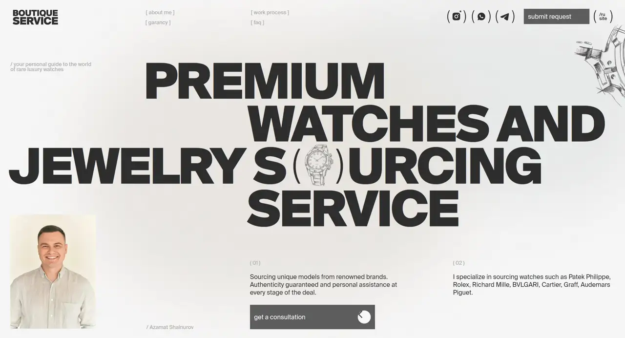 Секция «Первый экран» с сайта https://the1010watches.com/en, тематика — Другое, цвета — Белый, Серый, стиль — Минимализм, Брутализм, типографика — Без засечек, Декоративные