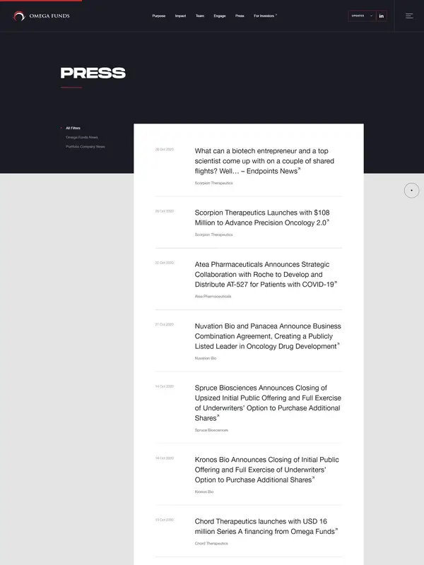 Новости Omega Funds, тематика — Финансы, цвета — Белый, Черный, стиль — Корпоративный, Минимализм, типографика — Без засечек