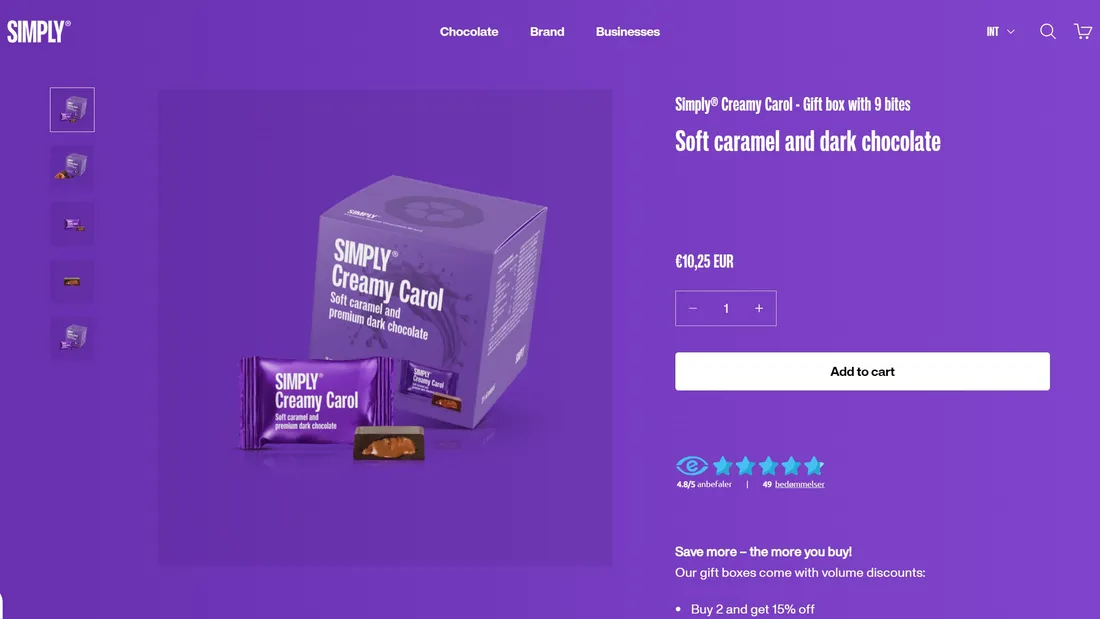 Секция «О продукте» с сайта https://simplychocolatecph.com/, тематика — Интернет-магазин, Еда и напитки, цвета — Фиолетовый, стиль — Корпоративный, типографика — Без засечек