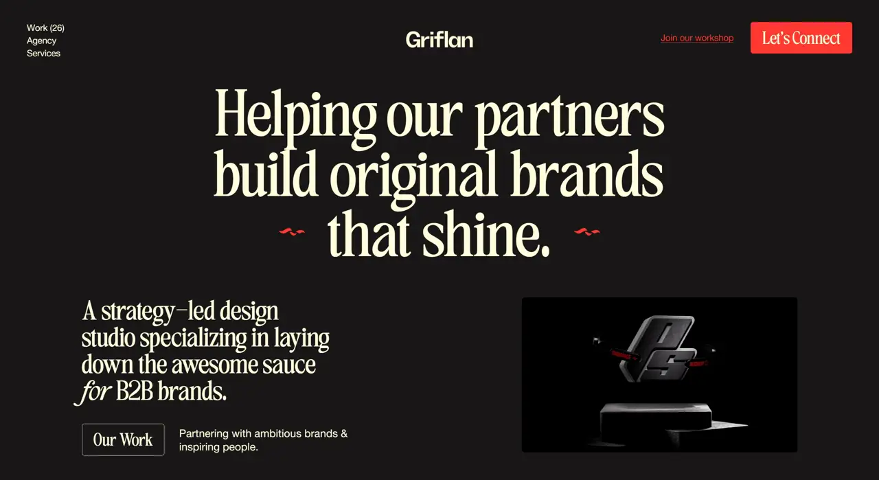 Секция «Первый экран» с сайта https://griflan.com/, тематика — Агентство , цвета — Черный, Серый, стиль — Корпоративный, типографика — С засечками