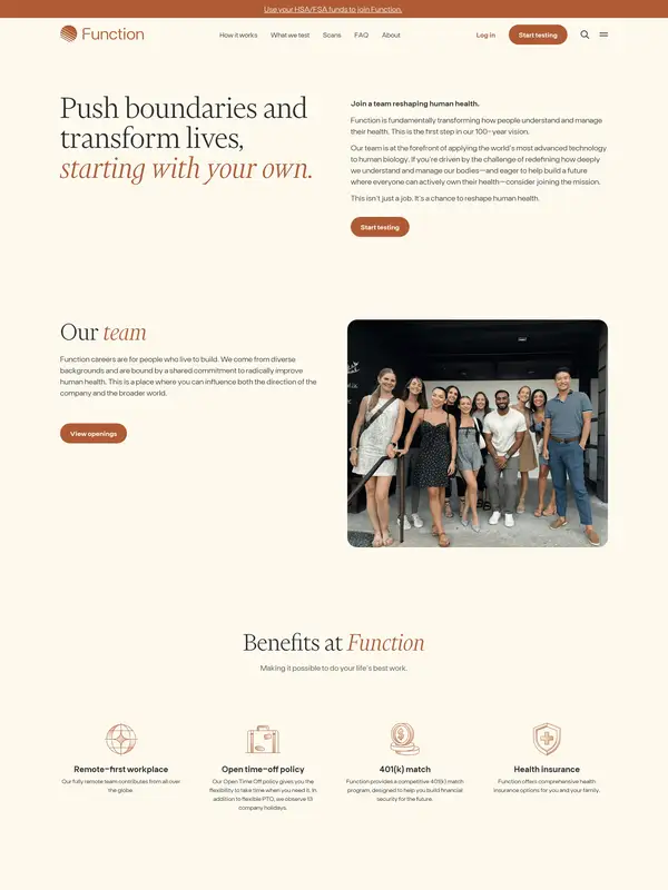 Страница карьеры Function, тематика — Здоровье и фитнес, цвета — Белый, стиль — Корпоративный, Минимализм, типографика — С засечками, Без засечек