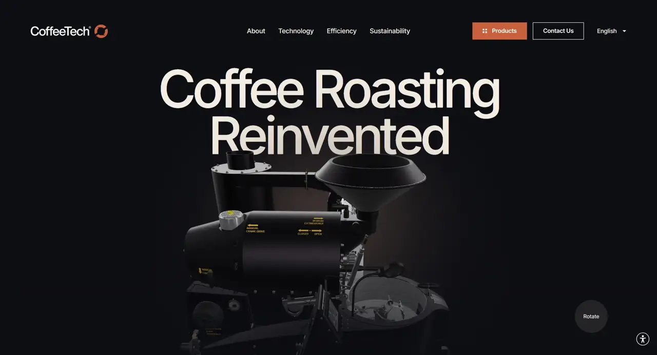 Секция «Первый экран» с сайта https://www.coffee-tech.com/, тематика — Еда и напитки, цвета — Черный, стиль — Корпоративный, Минимализм, типографика — Без засечек, Декоративные