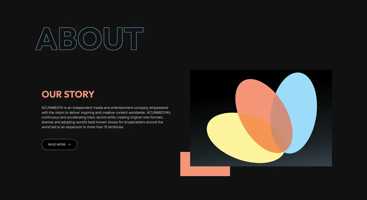 Секция «О компании» с сайта https://acunmedya.com/en/, тематика — Медиа, цвета — Черный, стиль — Корпоративный, Минимализм, типографика — Без засечек, Декоративные