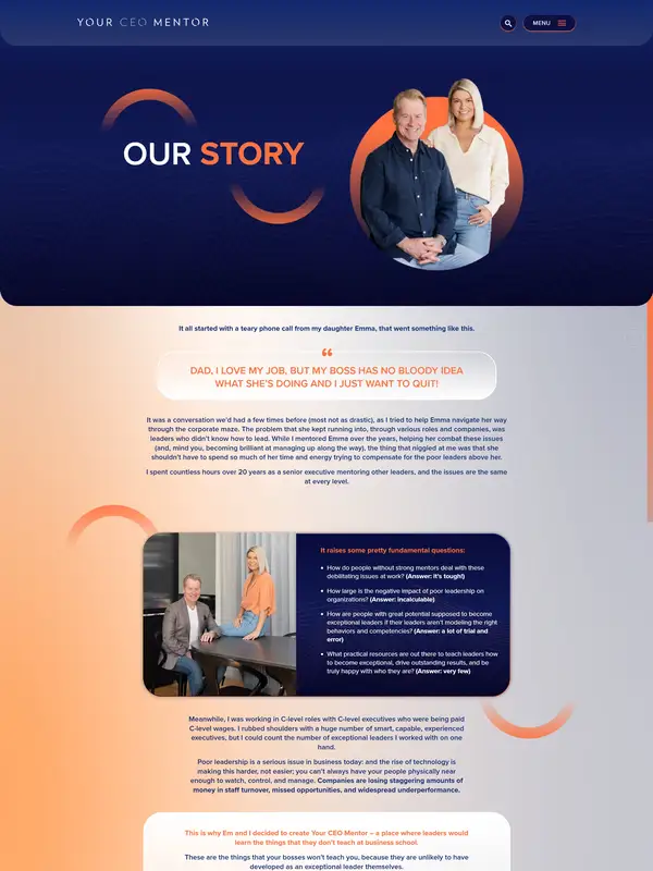 Страница о компании Your CEO Mentor, тематика — Бизнес и профессиональные услуги, цвета — Белый, Черный, Желтый, стиль — Корпоративный, типографика — Без засечек
