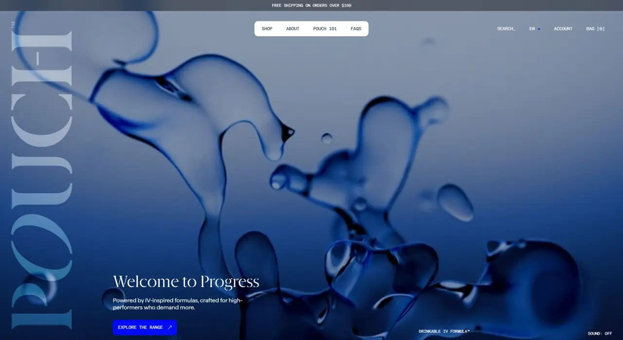 Секция «Первый экран» с сайта https://drinkpouch.com/, тематика — Еда и напитки, цвета — Черный, Серый, Синий, стиль — Минимализм, типографика — Без засечек, Декоративные