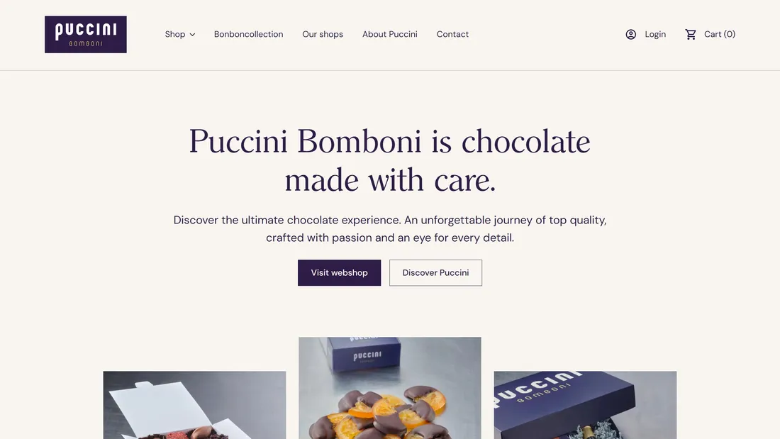 Секция «Первый экран» с сайта https://puccinibomboni.com/en, тематика — Еда и напитки, цвета — Белый, Серый, стиль — Корпоративный, Минимализм, типографика — Без засечек