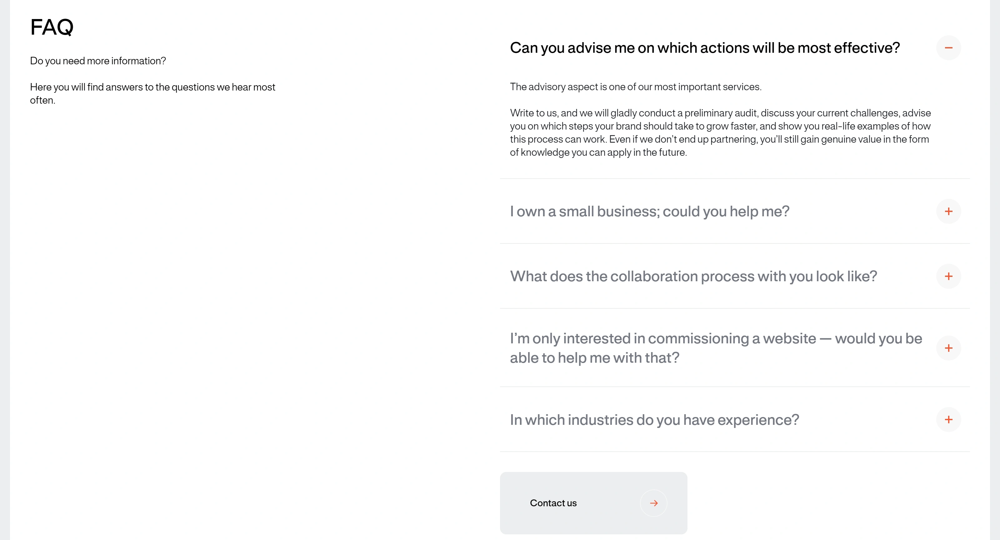 Symbol Studio Секция «FAQ» с сайта https://www.symbolstudio.pl/en/, тематика — Дизайн, цвета — Белый, стиль — Минимализм, типографика — Без засечек