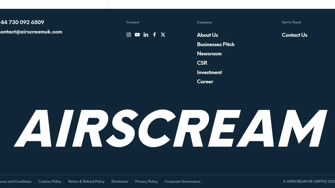 Секция «Футер» с сайта https://corporate.airscreamuk.com/, тематика — Бизнес и профессиональные услуги, цвета — Белый, Черный, стиль — Корпоративный, Минимализм, типографика — Без засечек