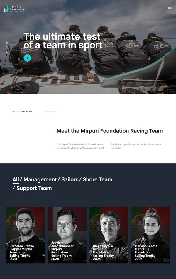 Страница о компании Mirpuri Foundation Racing Team, тематика — Путешествия и туризм, Некоммерческая деятельность, цвета — Белый, Черный, Серый, стиль — Корпоративный, типографика — Без засечек
