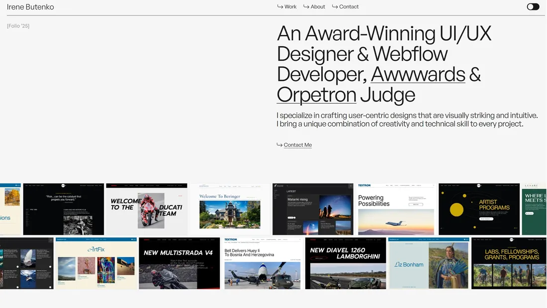 Секция «Первый экран» с сайта https://www.irene-butenko.com/, тематика — Дизайн, цвета — Белый, Черный, Серый, стиль — Минимализм, Типографика, типографика — Без засечек