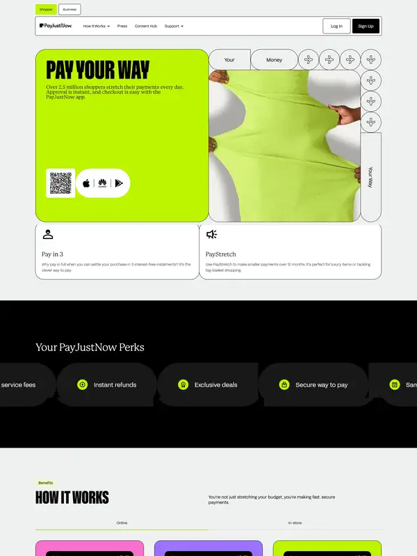 Продукт PayJustNow, тематика — Финансы, цвета — Белый, Черный, Серый, стиль — Карточный, Брутализм, типографика — Без засечек