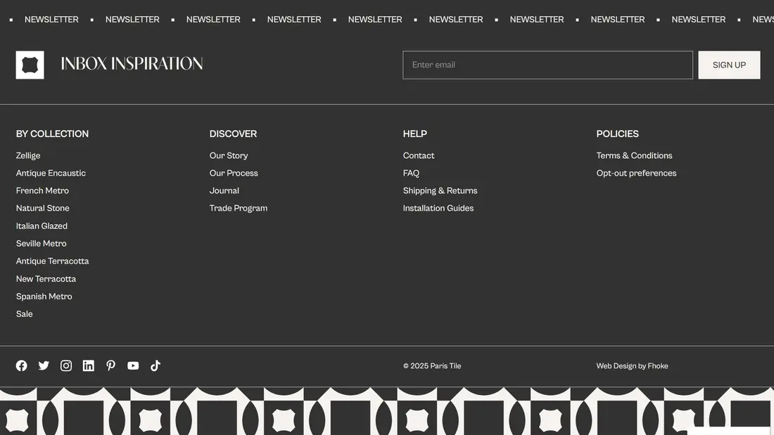 Секция «Футер» с сайта https://paristile.com/, тематика — Интернет-магазин, цвета — Черный, Серый, стиль — Корпоративный, Минимализм, типографика — Без засечек