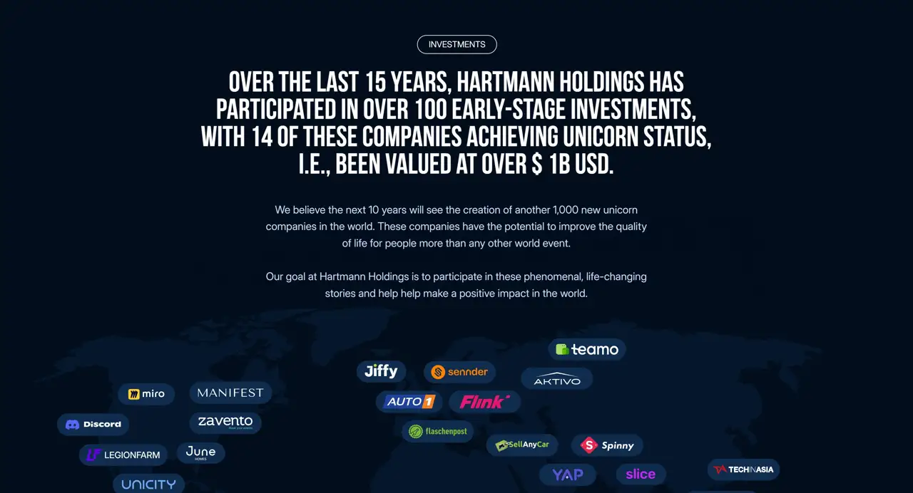 Секция «О компании» с сайта https://hartmann.holdings/, тематика — Бизнес и профессиональные услуги, цвета — Черный, стиль — Корпоративный, Минимализм, типографика — Без засечек