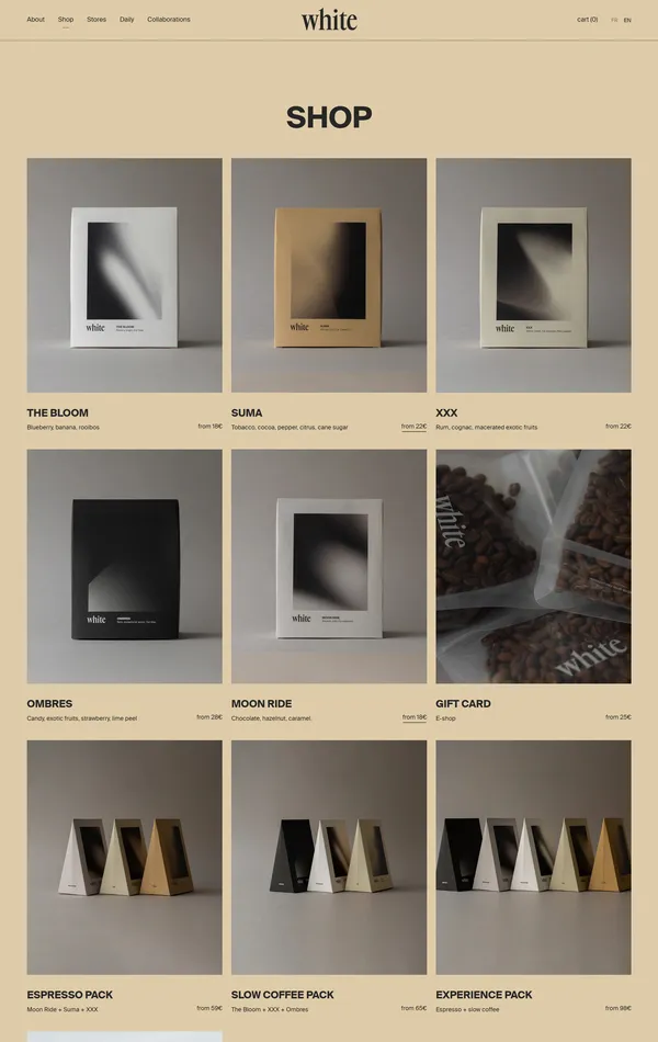 Каталог White Coffee, тематика — Еда и напитки, цвета — Белый, Черный, Серый, стиль — Минимализм, типографика — Без засечек