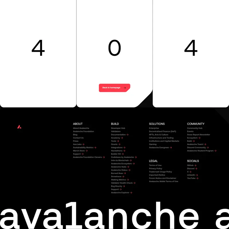 404-страница Avalanche, тематика — Крипто  и блокчейн, цвета — Белый, Черный, стиль — Минимализм, типографика — Без засечек