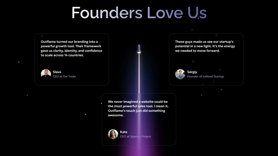 Секция «Отзывы» с сайта https://launch.outflame.io/, тематика — Бизнес и профессиональные услуги, цвета — Черный, стиль — Корпоративный, типографика — Без засечек