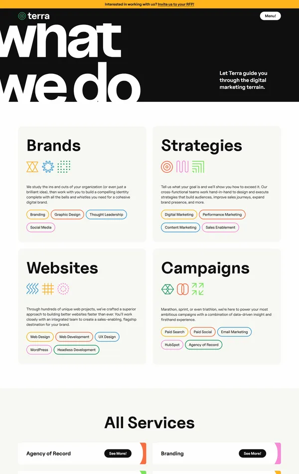 Страница о компании Terra, тематика — Маркетинг, цвета — Белый, Черный, стиль — Корпоративный, Минимализм, Типографика, типографика — Без засечек