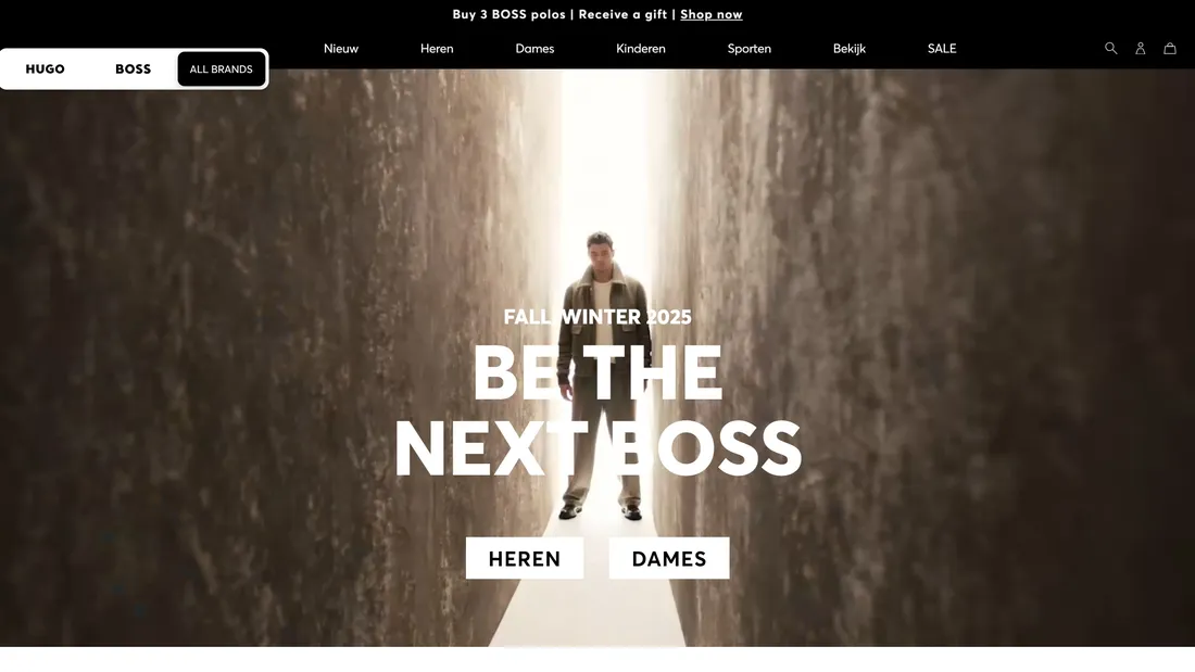 Секция «Первый экран» с сайта https://www.hugoboss.com/, тематика — Интернет-магазин, Одежда, цвета — Белый, Черный, Серый, стиль — Корпоративный, Минимализм, типографика — Без засечек