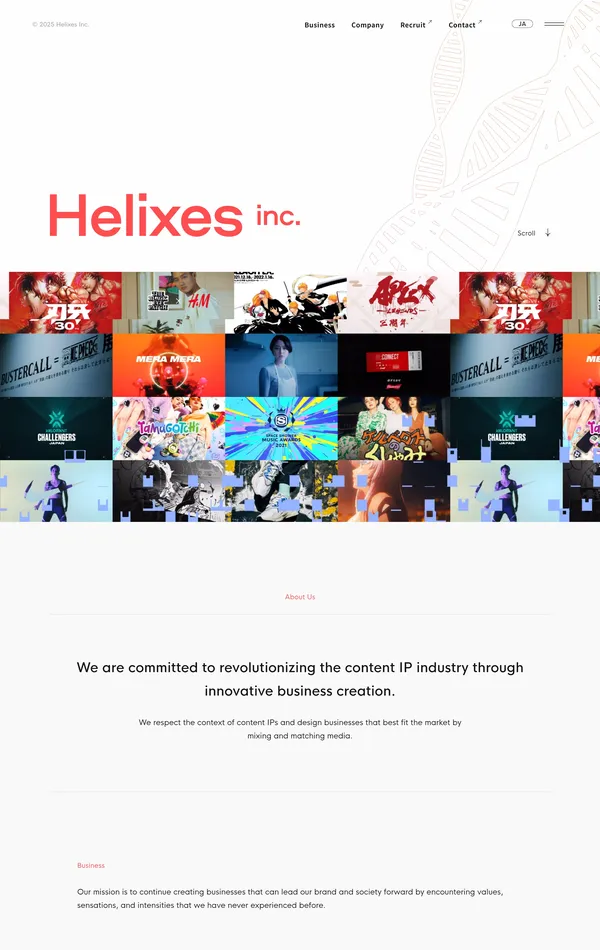 Главная Helixes Inc., тематика — Медиа, цвета — Белый, стиль — Корпоративный, типографика — Без засечек
