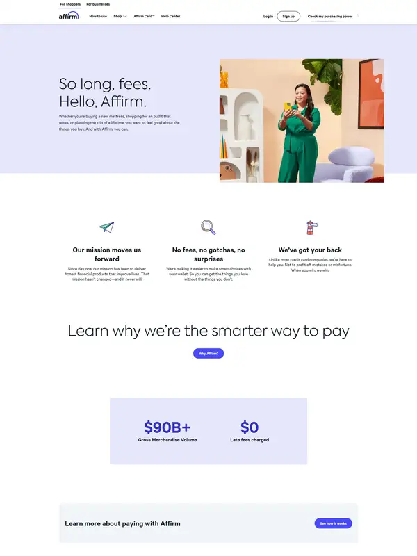 Страница о компании Affirm, тематика — Финансы, цвета — Белый, Серый, стиль — Корпоративный, Минимализм, типографика — Без засечек