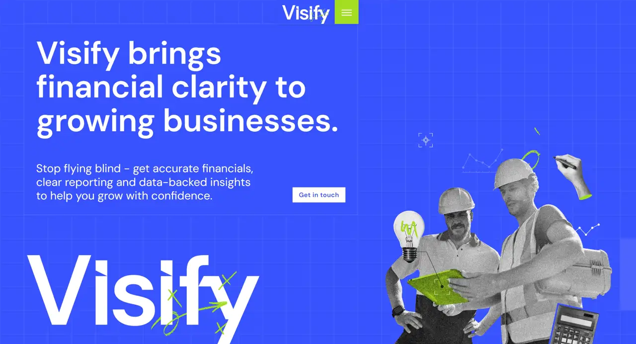 Секция «Первый экран» с сайта https://visify.au/, тематика — Бизнес и профессиональные услуги, цвета — Серый, Синий, Фиолетовый, стиль — Плоский, Корпоративный, типографика — Без засечек, Декоративные