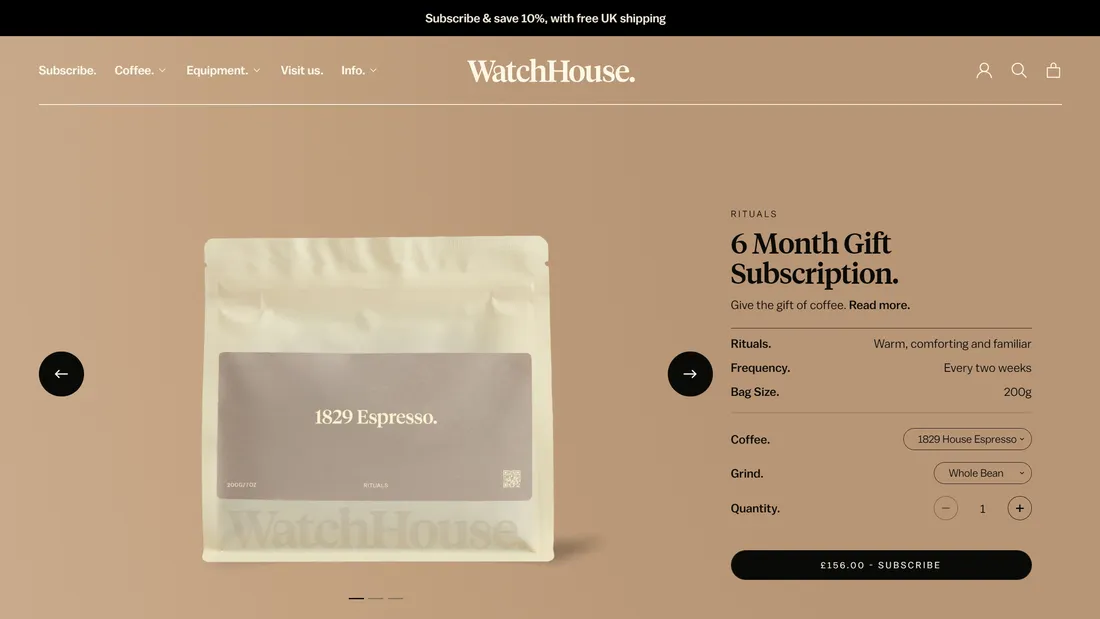 Секция «Товары» с сайта https://watchhouse.com/, тематика — Еда и напитки, цвета — Серый, стиль — Классический, Минимализм, типографика — С засечками, Без засечек