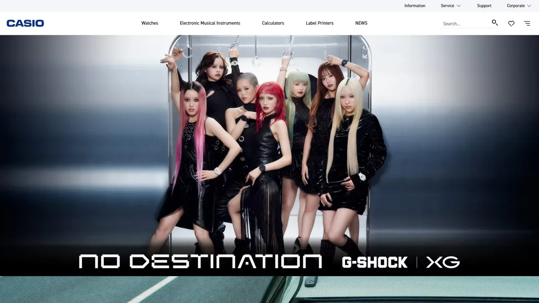 Секция «Призыв к действию» с сайта https://www.casio.com/intl/, тематика — Продукт, цвета — Белый, Черный, Серый, стиль — Корпоративный, Фестивальный, типографика — Без засечек