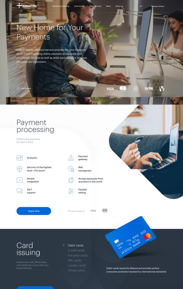 Лендинг Transact Pro, тематика — Финансы, цвета — Белый, Черный, Серый, стиль — Корпоративный, Минимализм, типографика — Без засечек