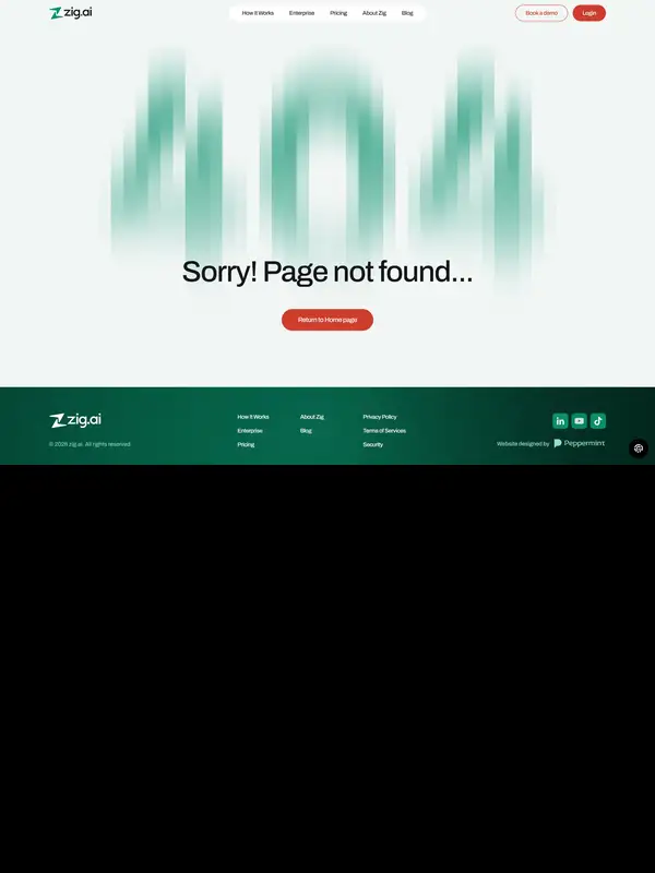 404-страница Zig, тематика — SaaS, цвета — Белый, Черный, стиль — Корпоративный, Минимализм, типографика — Без засечек
