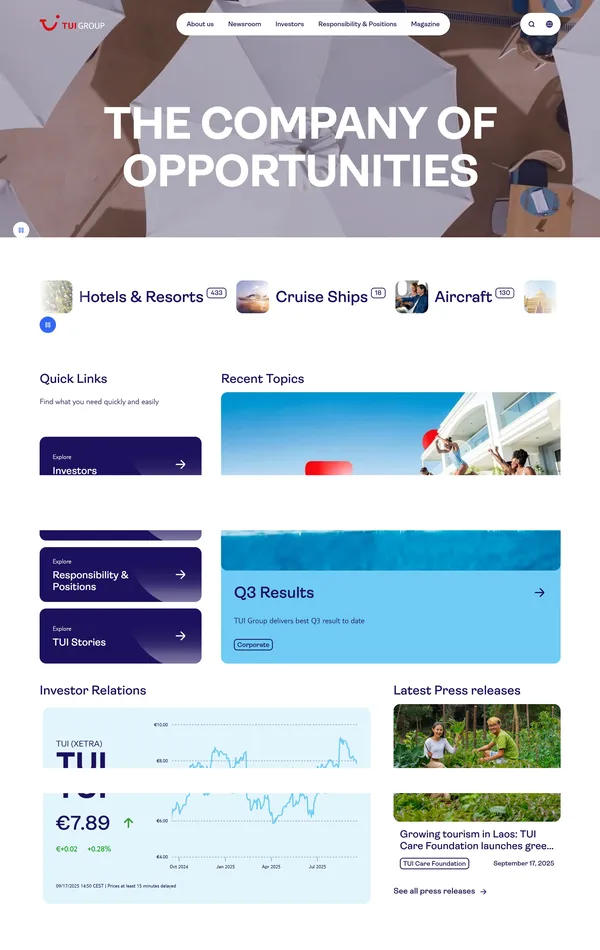 Главная TUI Group, тематика — Путешествия и туризм, цвета — Белый, Черный, Серый, стиль — Корпоративный, типографика — Без засечек