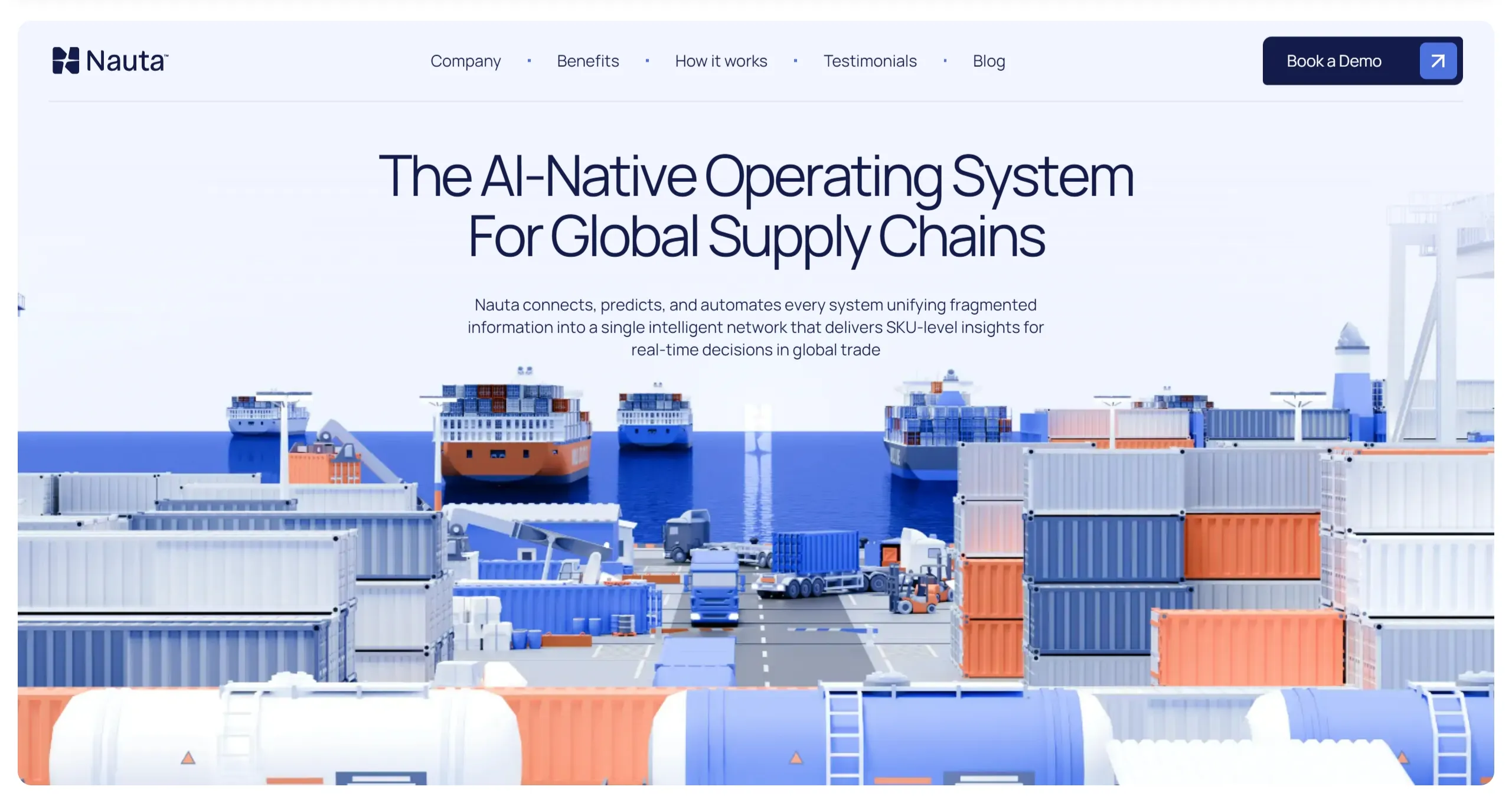 Nauta Секция «Первый экран» с сайта https://www.getnauta.com/, тематика — Логистика, цвета — Белый, Серый, стиль — Корпоративный, Полигональный, типографика — Без засечек