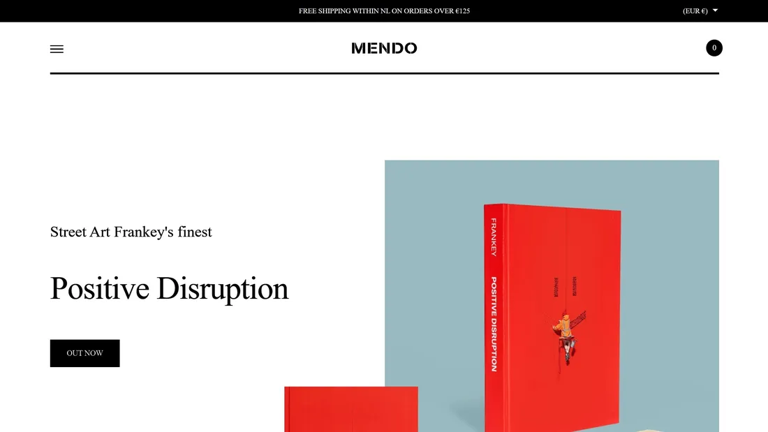 Секция «Первый экран» с сайта https://mendo.nl/, тематика — Интернет-магазин, Искусство, цвета — Белый, Серый, Красный, стиль — Минимализм, типографика — С засечками, Без засечек