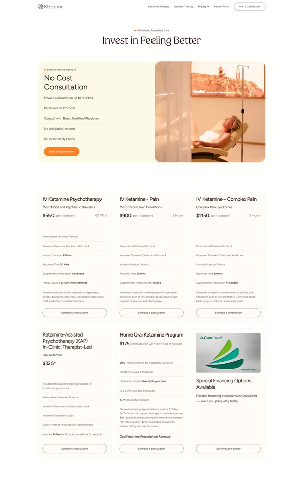 Услуги Klearmind, тематика — Здоровье и фитнес, цвета — Белый, стиль — Корпоративный, типографика — Без засечек