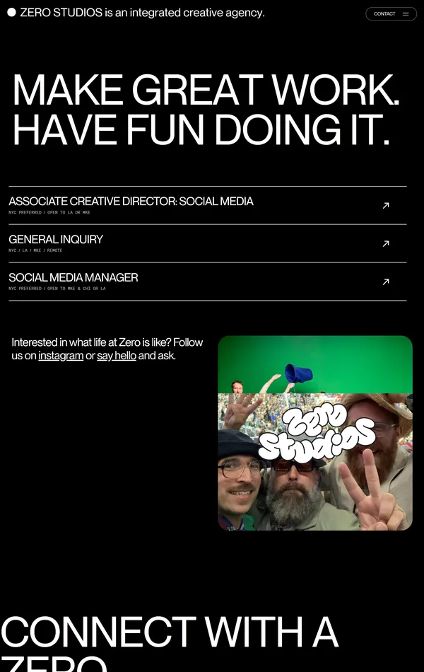 Страница карьеры Zero Studios, тематика — Агентство , цвета — Черный, стиль — Минимализм, Типографика, типографика — Без засечек