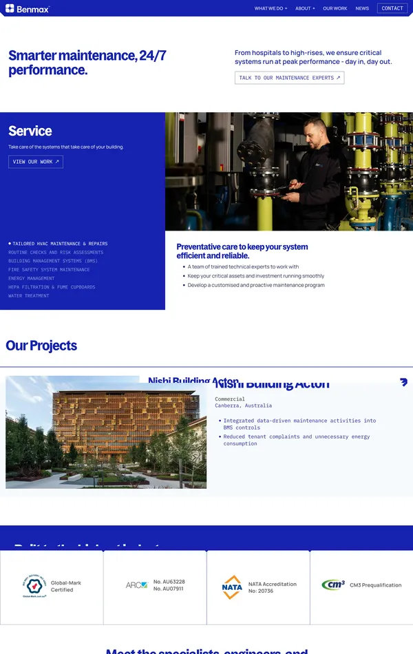 Услуги Benmax, тематика — Строительство, цвета — Белый, Черный, Серый, стиль — Корпоративный, типографика — Без засечек